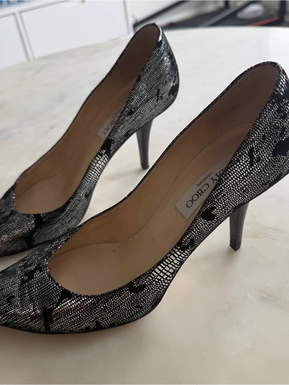 Jimmy Choo Black Lace-Effect Pointed Toe Pumps